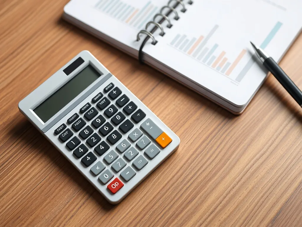 A professional minimalist workspace with a calculator, a not