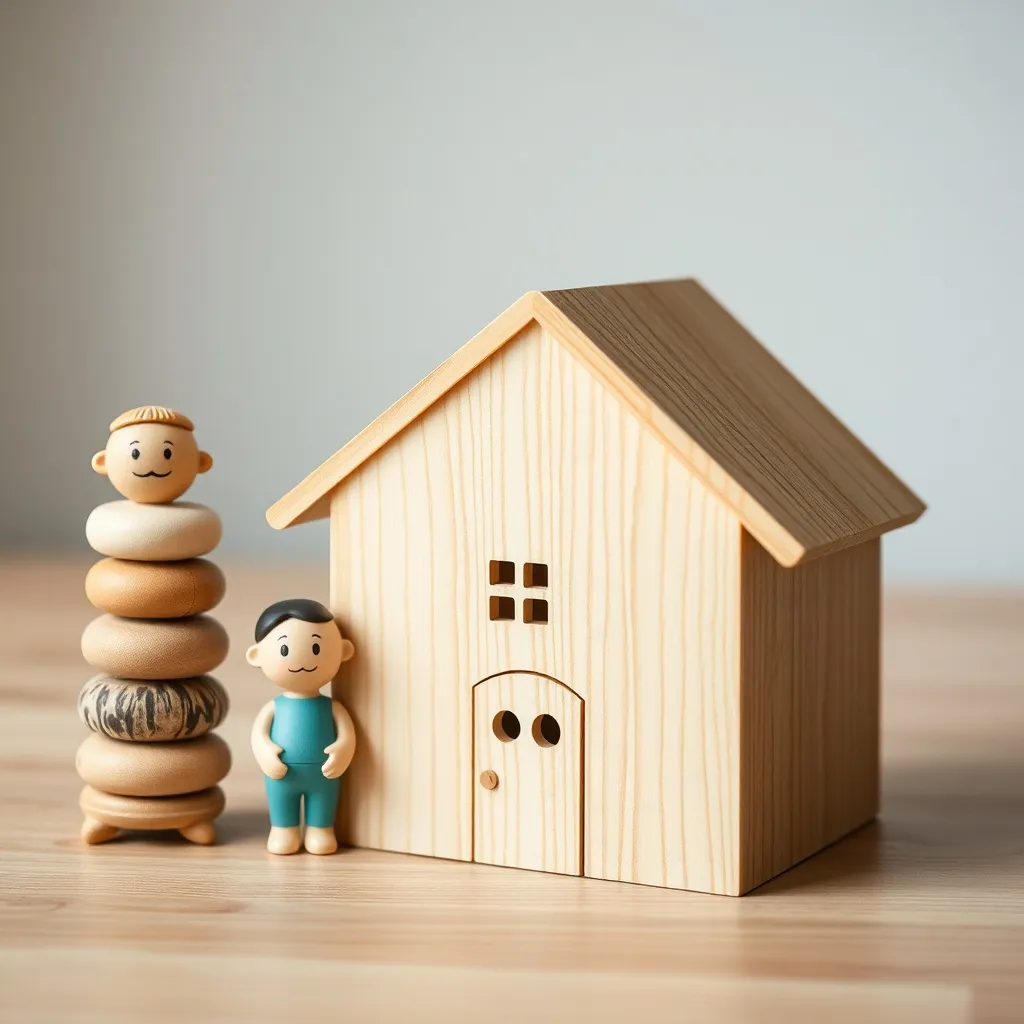 A wooden piggy bank shaped like a house next to a stack of c