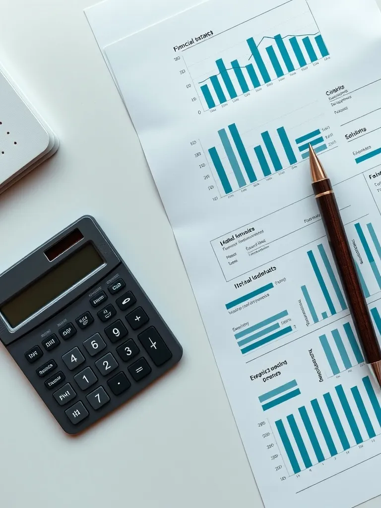A professional office desk with a calculator, a dark wooden