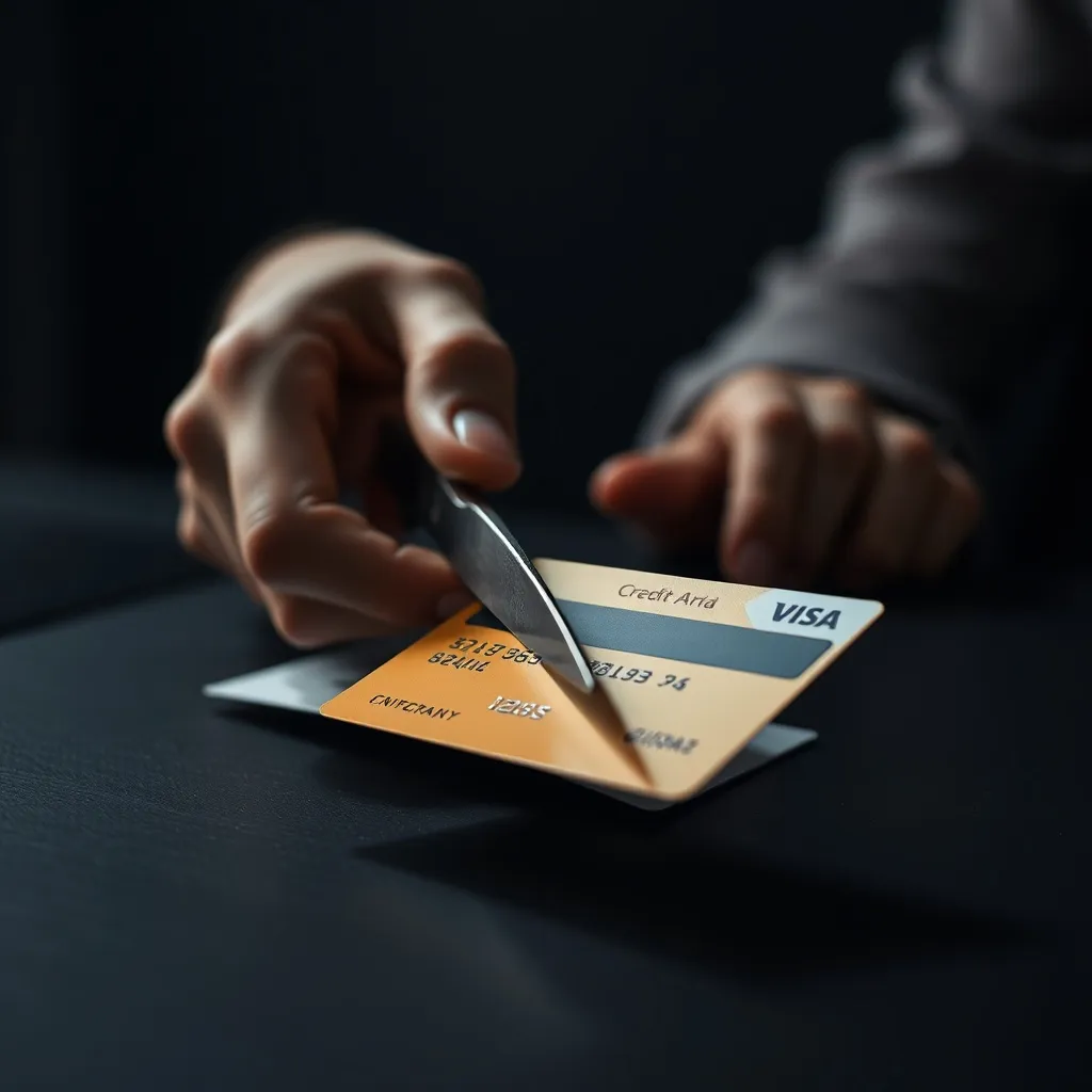 A close up of a person cutting a credit card with scissors o