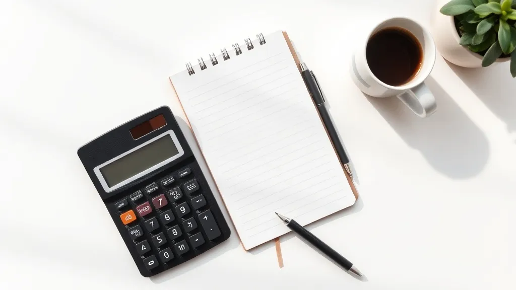 A clean professional desk with a notebook, a calculator, and