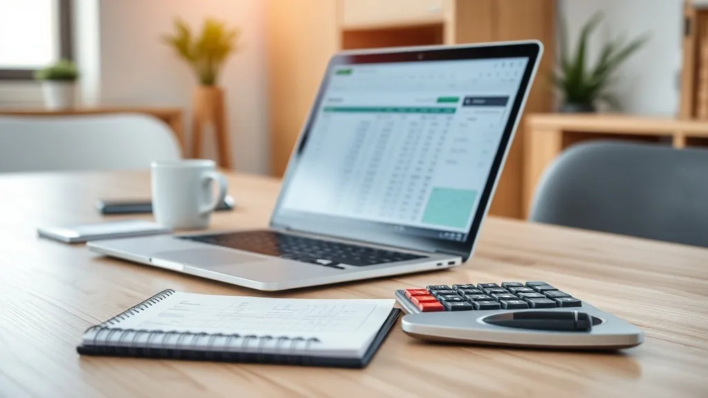 Close-up of a professional desk with a laptop showing financ