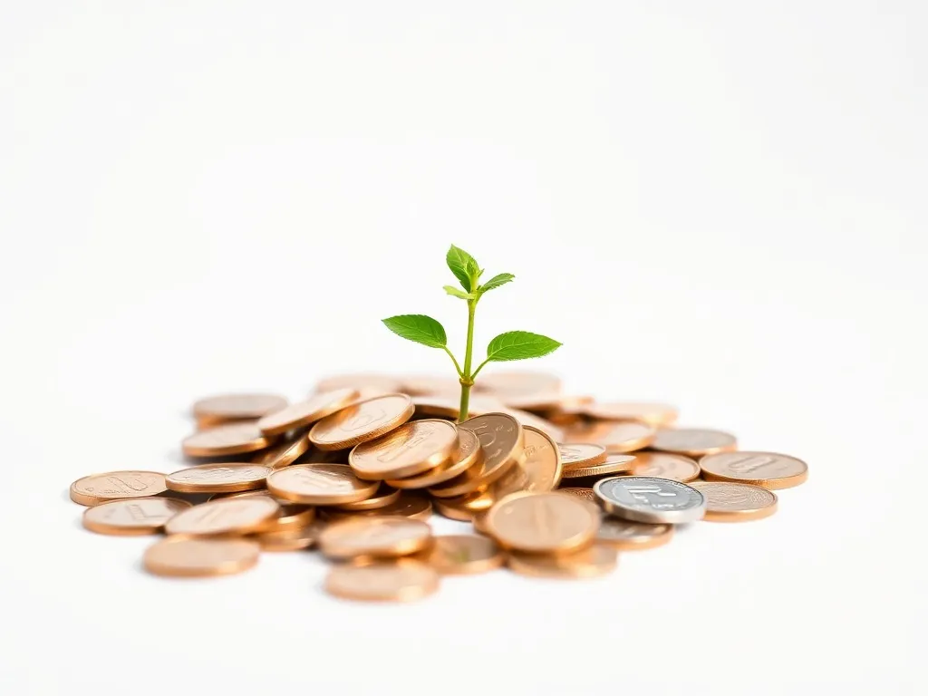 A small green plant growing out of a pile of copper coins on